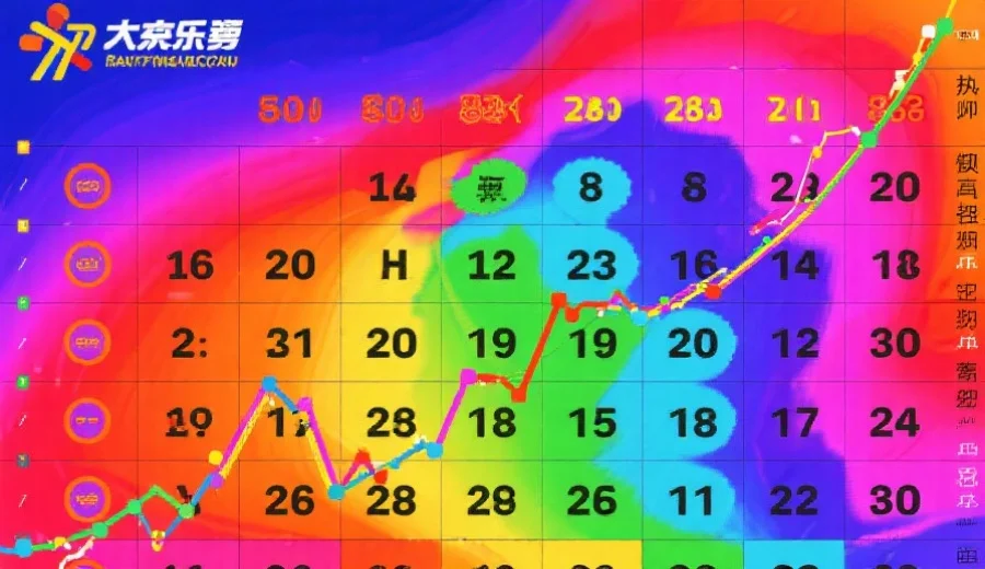 一张色彩丰富的大乐透号码热力图，突显高频出现的数字组合，带有清晰的数字和趋势线