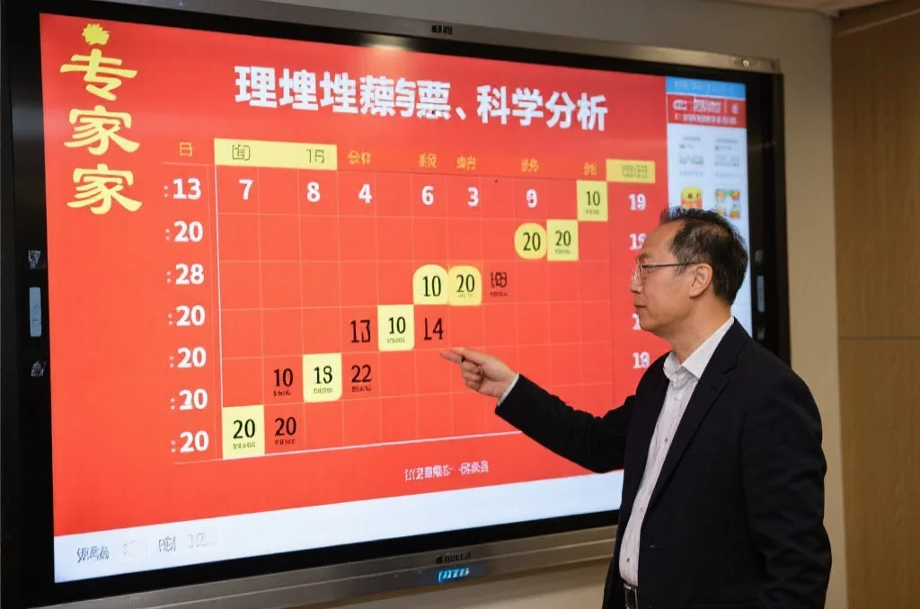 一位专家在大屏幕前分析彩票号码走势，强调理性购彩和科学分析