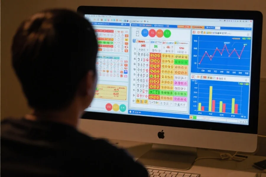 一个人坐在电脑前，屏幕上显示着各种彩票走势图和数据分析图表，神情专注地观察着